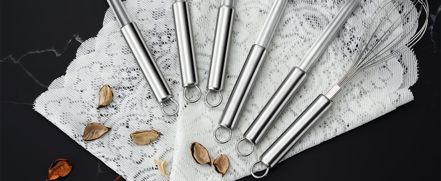 6-Piece Kitchen Cooking Utensils Set, Stainless Steel Kitchen Utensils with Suspendable Handle, Spatula, Slotted Turner, Soup Ladle, Slotted Spoon, Whisk, Pasta Server, Dishwasher Safe