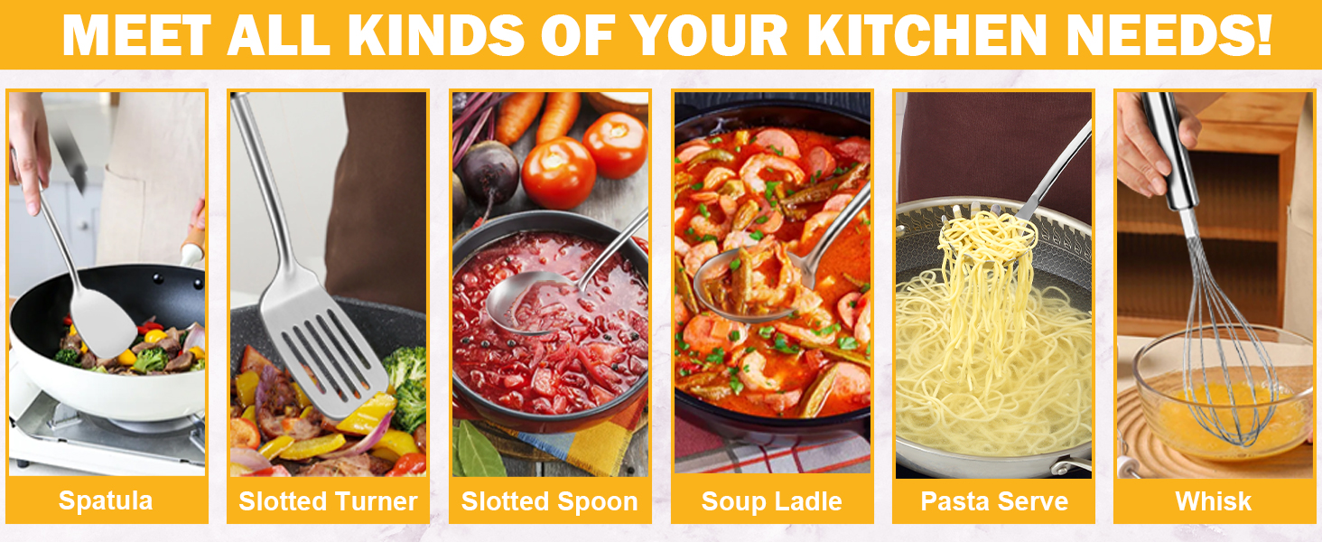 6-Piece Kitchen Cooking Utensils Set, Stainless Steel Kitchen Utensils with Suspendable Handle, Spatula, Slotted Turner, Soup Ladle, Slotted Spoon, Whisk, Pasta Server, Dishwasher Safe