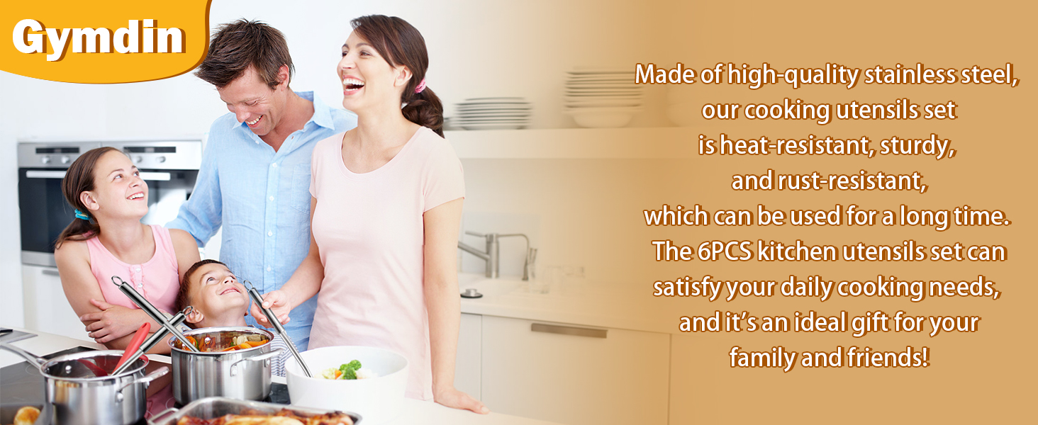 6-Piece Kitchen Cooking Utensils Set, Stainless Steel Kitchen Utensils with Suspendable Handle, Spatula, Slotted Turner, Soup Ladle, Slotted Spoon, Whisk, Pasta Server, Dishwasher Safe