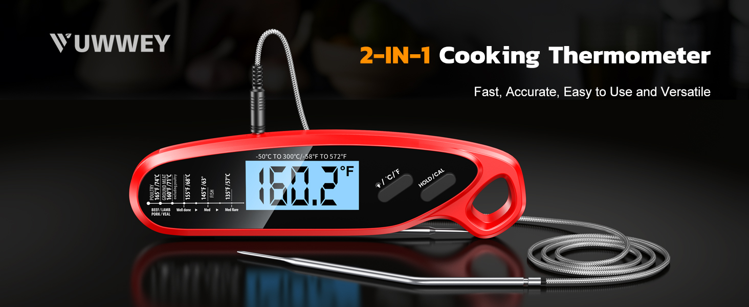 Instant Read Meat Thermometer Digital with Dual Probe, Food Thermometer for Cooking & Grilling, Large Backlit & Calibration, for Kitchen/Oven/Grill/Smoker/BBQ/Candy/Oil/Fry, Gifts for Men & Dad