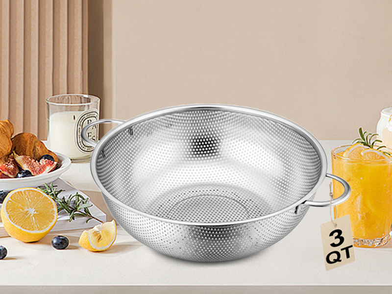 Stainless Steel Colander, 3-Quart Micro-Perforated Metal Colander Strainer with Handle for Kitchen/Draining Pasta/Rinsing Vegetables Fruits,Dishwasher Safe - 8.8 Inches