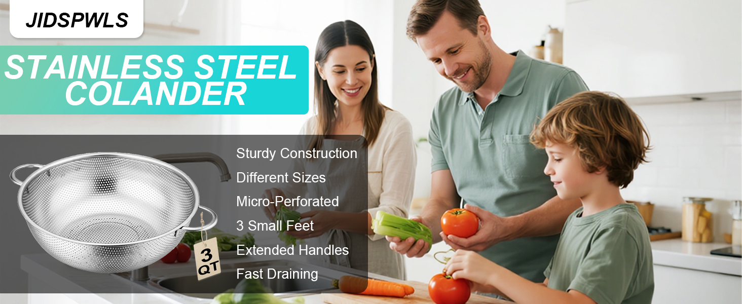 Stainless Steel Colander, 3-Quart Micro-Perforated Metal Colander Strainer with Handle for Kitchen/Draining Pasta/Rinsing Vegetables Fruits,Dishwasher Safe - 8.8 Inches