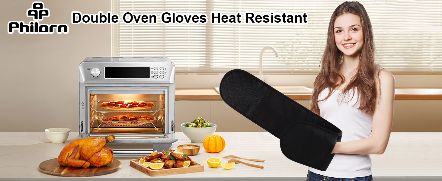 Philorn Black Double Oven Mitts，Heat Resistant 260℃ Waterproof Silicone Glove Kitchen Gloves Oven Extra Long Oven Mitts with Non-Slip Silicone Surface for Baking, Cooking, BBQ