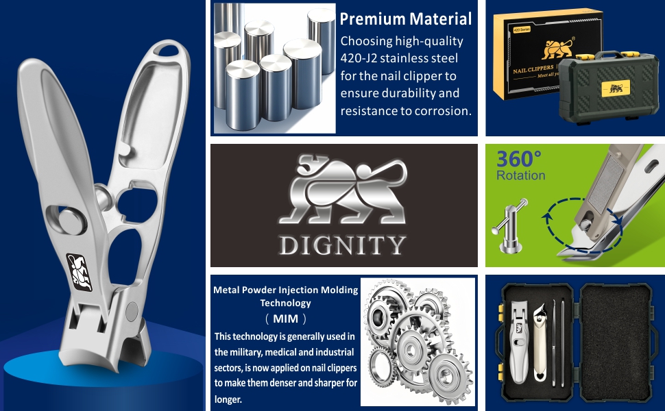 DIGNITY Nail Clippers for Men Women Seniors with Catcher and Safety Lock,Wide Jaw Opening,Thick Fingernail Toenail Clipper Set, Slanted Edge Nail Clippers,Ear Picker,Nail File,with Case,4 Pcs Set