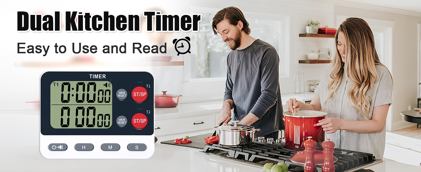 Dual Kitchen Timer Digital - Large Display, Easy to Use and Read, Cooking Timer for Kitchen with Alarm, Magnetic Back, Loud & Silent and Count Up/Countdown Modes, Replaceable AAA Battery