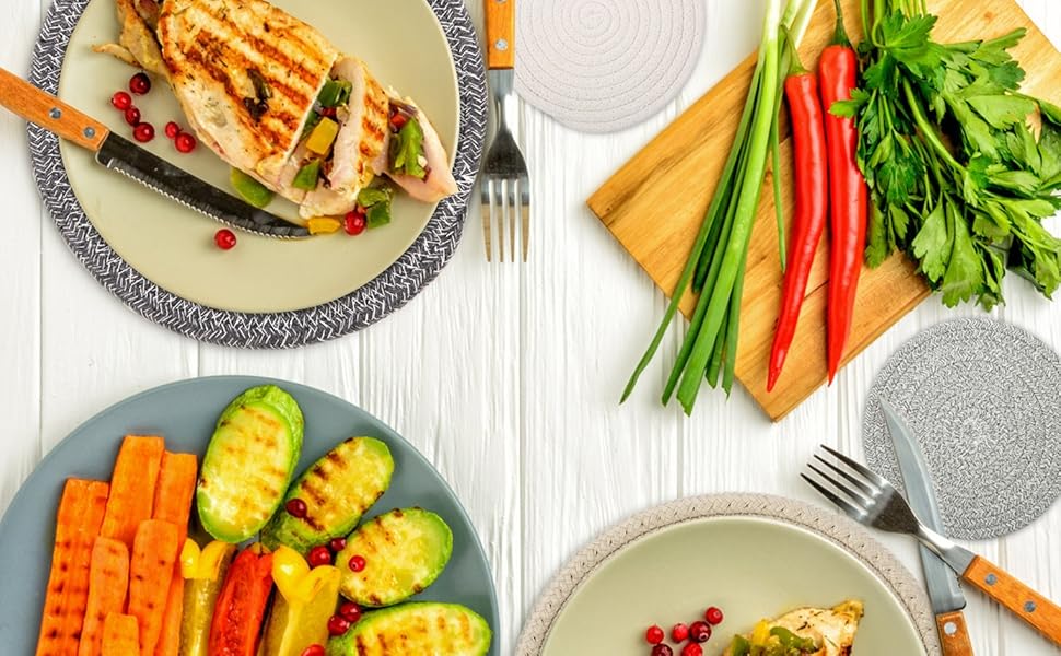 Trivets for Hot Dishes, Pots and Pans, Hot Pads with Storage Basket, Pot Holders for Kitchen, Heat Resistant Mat Protect Counter Home Essentials, Farmhouse Decor (Mix Brown 5 PCS)