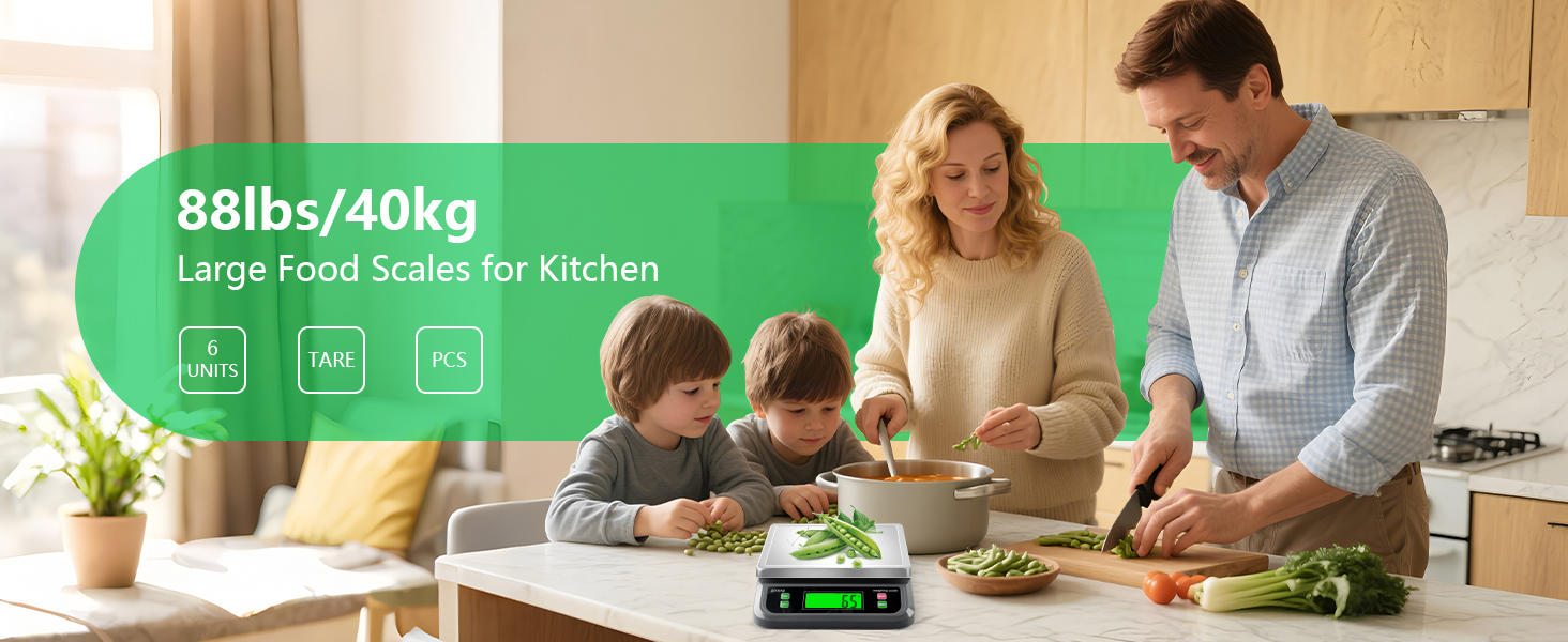 Large Digital Kitchen Scale 88lbs/40kg with 6 Unit Stainless Stee Food Scales with Tare and PCS Funtion LCD Display for Baking, Bread, Cooking, Meat, Vegetables, Farm with Adapter Grey