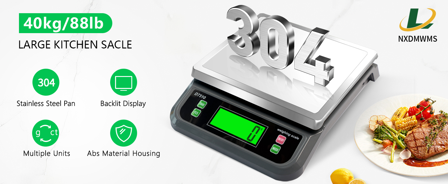 Large Digital Kitchen Scale 88lbs/40kg with 6 Unit Stainless Stee Food Scales with Tare and PCS Funtion LCD Display for Baking, Bread, Cooking, Meat, Vegetables, Farm with Adapter Grey