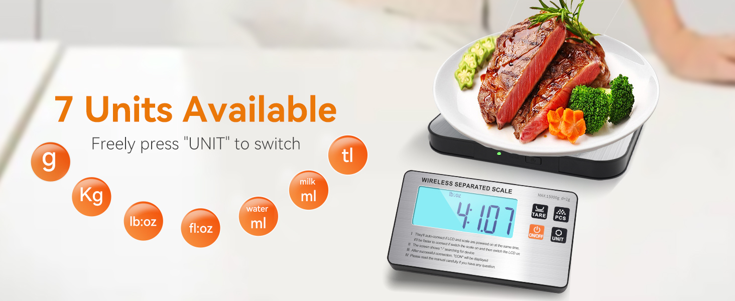 Food Scale- Wireless Separated, 33 lb Digital Kitchen Split Scales Weight Grams and Ounces for Baking Cooking and Meal Prep, LCD Display, 7 Units with Tare Function (Batteries Included)