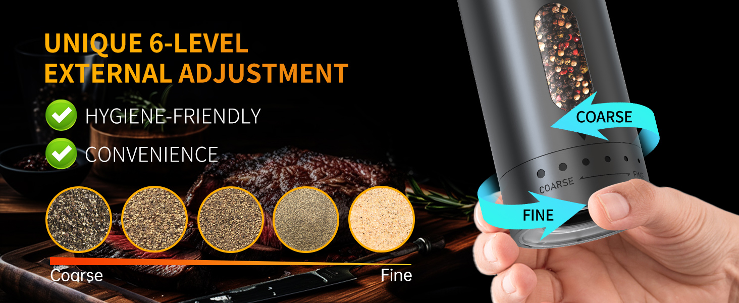 CIRCLE JOY Electric Pepper Grinder Rechargeable, Automatic Pepper Mill with 110ml Container, External Adjustable Coarseness, White Led Light and One-Handed Operation, Black