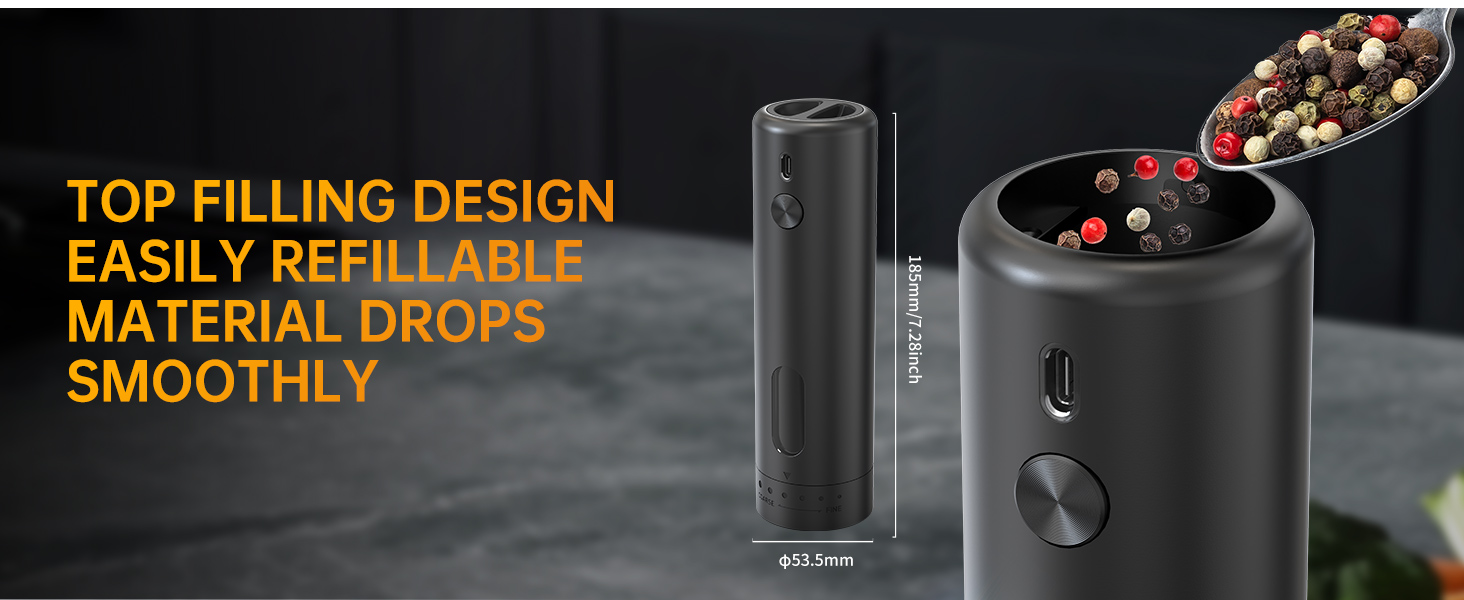 CIRCLE JOY Electric Pepper Grinder Rechargeable, Automatic Pepper Mill with 110ml Container, External Adjustable Coarseness, White Led Light and One-Handed Operation, Black