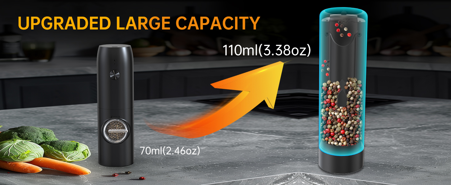 CIRCLE JOY Electric Pepper Grinder Rechargeable, Automatic Pepper Mill with 110ml Container, External Adjustable Coarseness, White Led Light and One-Handed Operation, Black