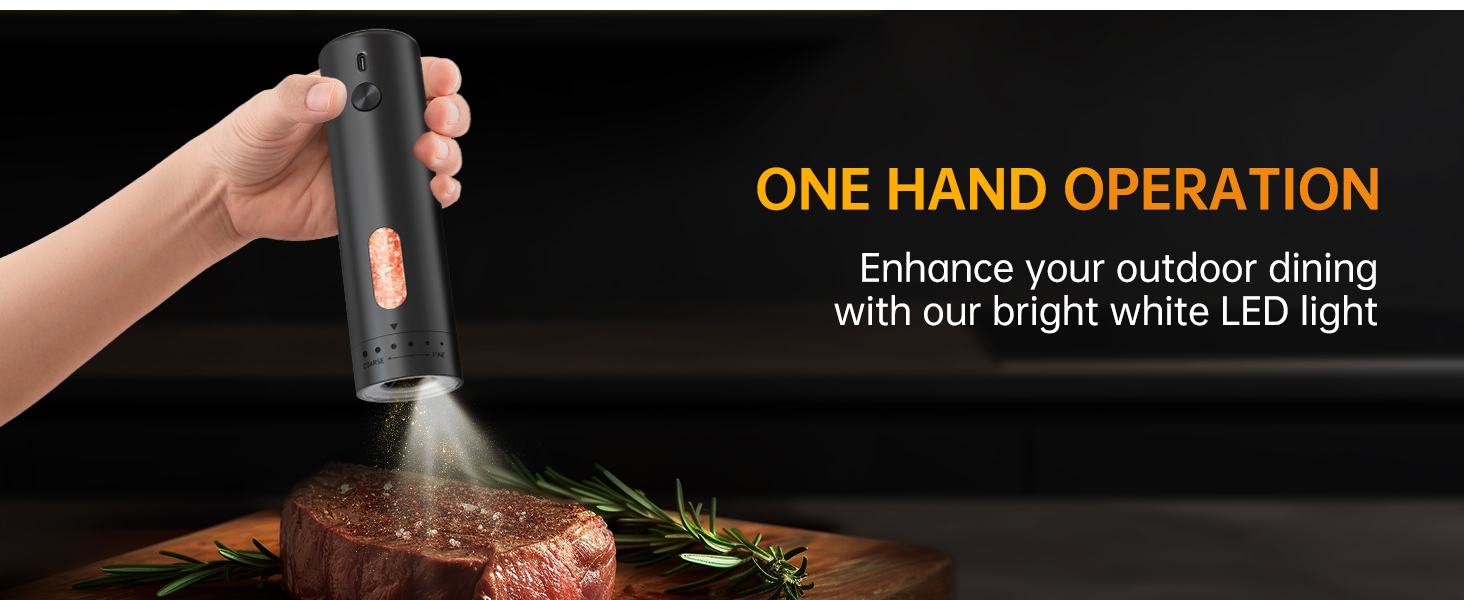 CIRCLE JOY Electric Pepper Grinder Rechargeable, Automatic Pepper Mill with 110ml Container, External Adjustable Coarseness, White Led Light and One-Handed Operation, Black