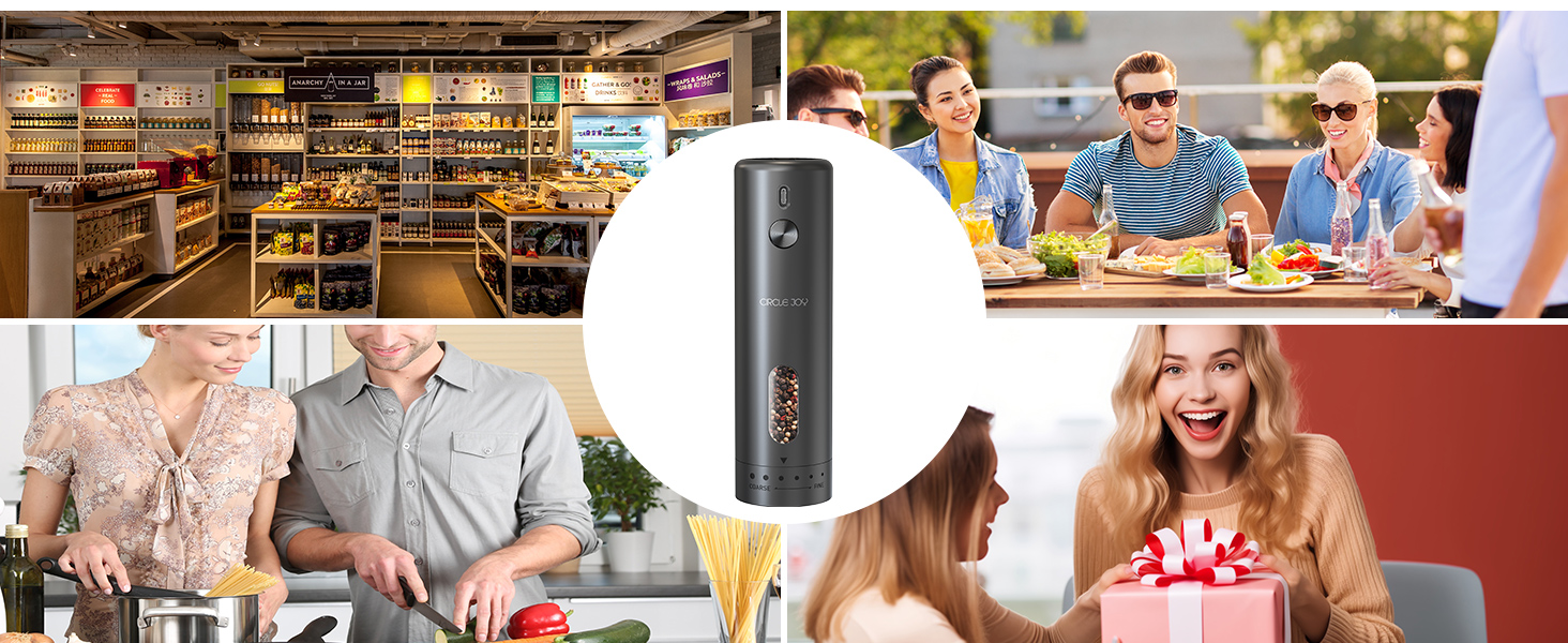 CIRCLE JOY Electric Pepper Grinder Rechargeable, Automatic Pepper Mill with 110ml Container, External Adjustable Coarseness, White Led Light and One-Handed Operation, Black