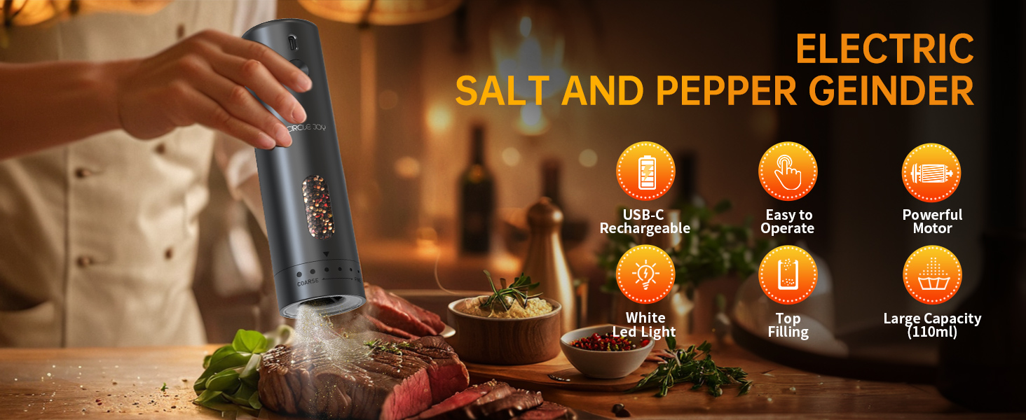 CIRCLE JOY Electric Pepper Grinder Rechargeable, Automatic Pepper Mill with 110ml Container, External Adjustable Coarseness, White Led Light and One-Handed Operation, Black