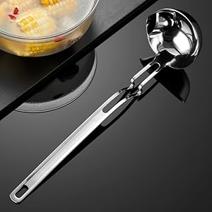 316 Stainless Steel Fat Separator Ladle with Z-Hook, Gravy Separator & Skimmer Spoon for Cooking, Hanging Soup Ladle for Kitchen, Oil Strainer and Grease Skimmer