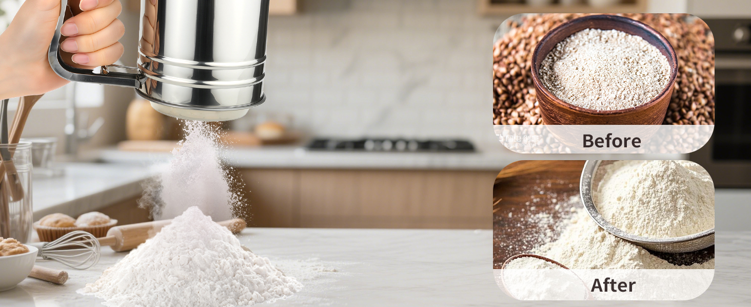 Flour Sifter, Sifter for Baking with Flour and Powdered Sugar Shaker Duster Set, 3 Cup 3 in 1 Stainless Steel Double Layer Fine Mesh Sifter for Cakes, Pastries, Pies, Cupcakes and Desserts