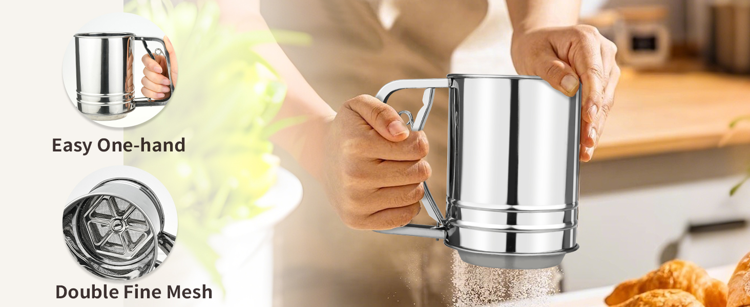 Flour Sifter, Sifter for Baking with Flour and Powdered Sugar Shaker Duster Set, 3 Cup 3 in 1 Stainless Steel Double Layer Fine Mesh Sifter for Cakes, Pastries, Pies, Cupcakes and Desserts