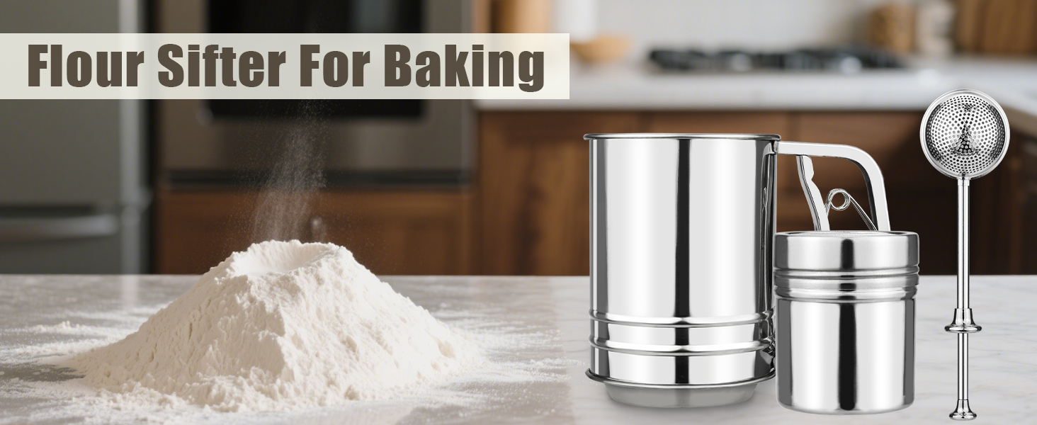 Flour Sifter, Sifter for Baking with Flour and Powdered Sugar Shaker Duster Set, 3 Cup 3 in 1 Stainless Steel Double Layer Fine Mesh Sifter for Cakes, Pastries, Pies, Cupcakes and Desserts