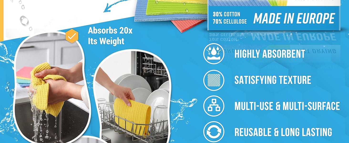 ACTIVE Swedish Dish Cloths for Kitchen 12 Pack Cellulose Sponge Cloth, Washable Dishcloths for Washing Dishes, Original European Dish Towels, Absorbent Reusable Paper Towels - Multicolor Assorted