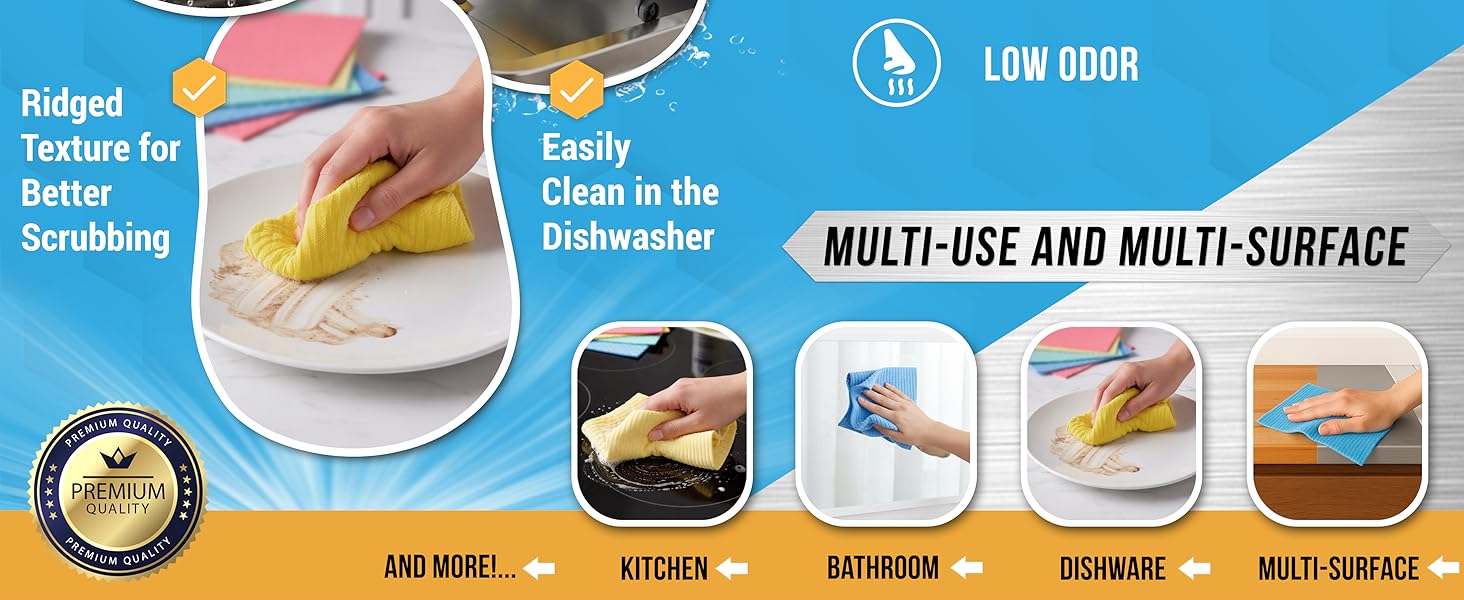 ACTIVE Swedish Dish Cloths for Kitchen 12 Pack Cellulose Sponge Cloth, Washable Dishcloths for Washing Dishes, Original European Dish Towels, Absorbent Reusable Paper Towels - Multicolor Assorted