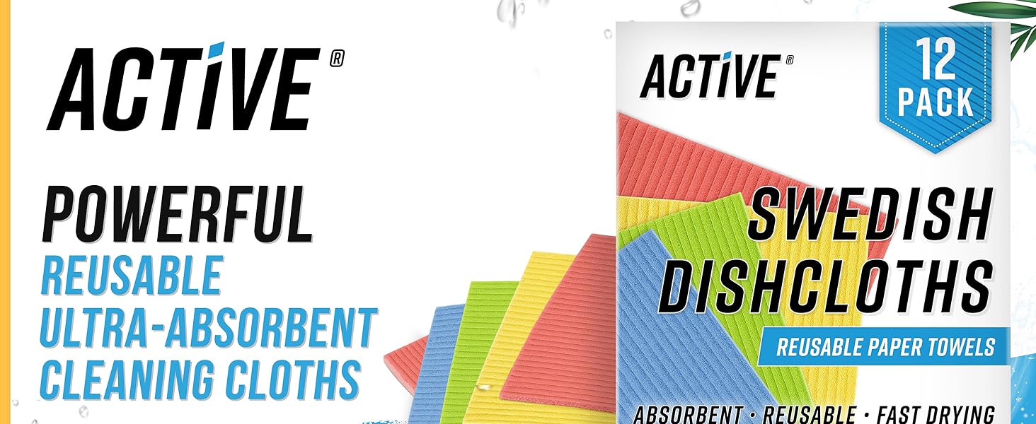 ACTIVE Swedish Dish Cloths for Kitchen 12 Pack Cellulose Sponge Cloth, Washable Dishcloths for Washing Dishes, Original European Dish Towels, Absorbent Reusable Paper Towels - Multicolor Assorted