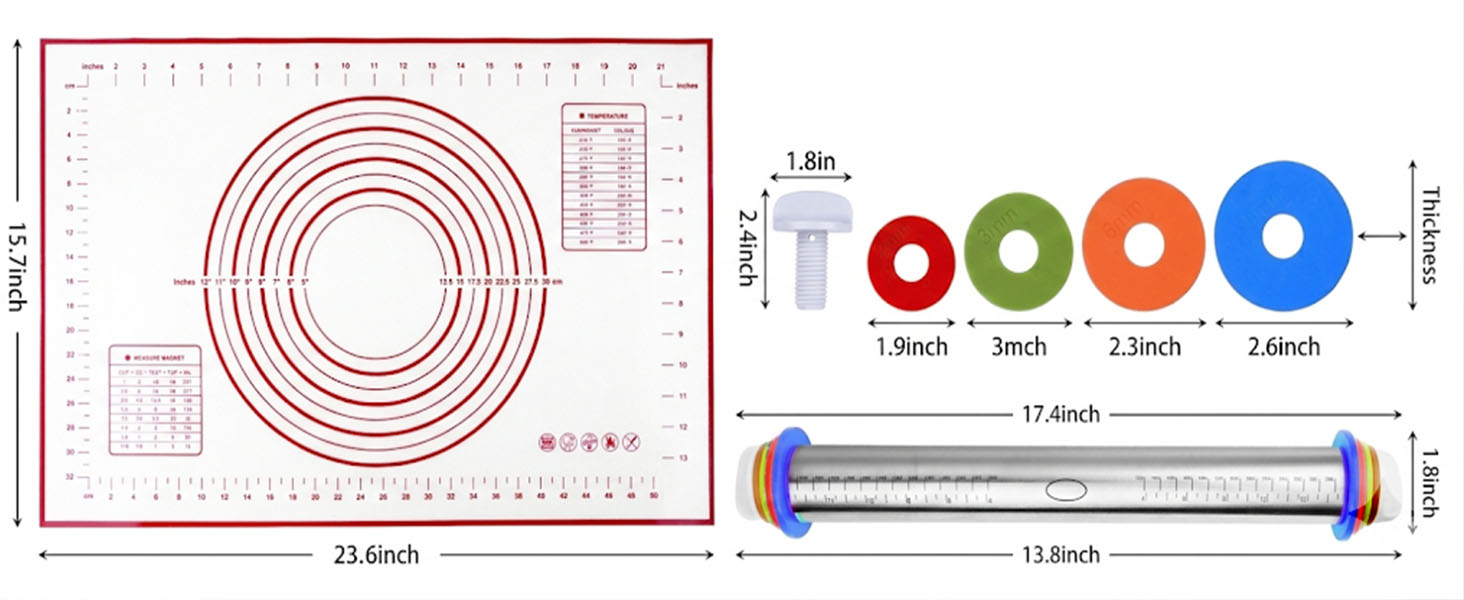 Adjustable Rolling Pin 19 Baking Tool Set and Silicone Baking Pastry Mat Set,Thickness Rings,Stainless Steel Dough Roller Rolling Pins for Baking Dough, Pizza, Pie, Pastrie(Red Mat)