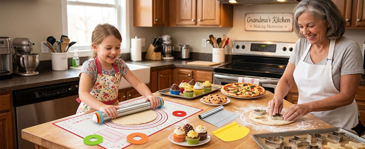 Adjustable Rolling Pin 19 Baking Tool Set and Silicone Baking Pastry Mat Set,Thickness Rings,Stainless Steel Dough Roller Rolling Pins for Baking Dough, Pizza, Pie, Pastrie(Red Mat)