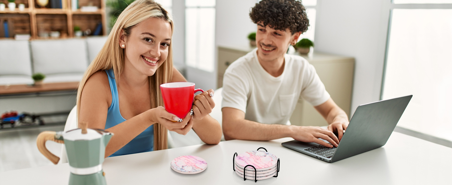 Cute Pink Marble Coasters Set of 4, 4 Inch Office Aesthetic Absorbent Drink Coasters for Women