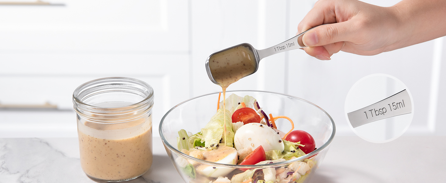 U-Taste Narrow Square Measuring Spoons: 18/8 Stainless Steel Kitchen Measure Teaspoon Tablespoon with Leveler, Polygon Rectangular Metal Jar Scoop for Baking Cooking, Coffee, Spice, Powder (Set of 7)