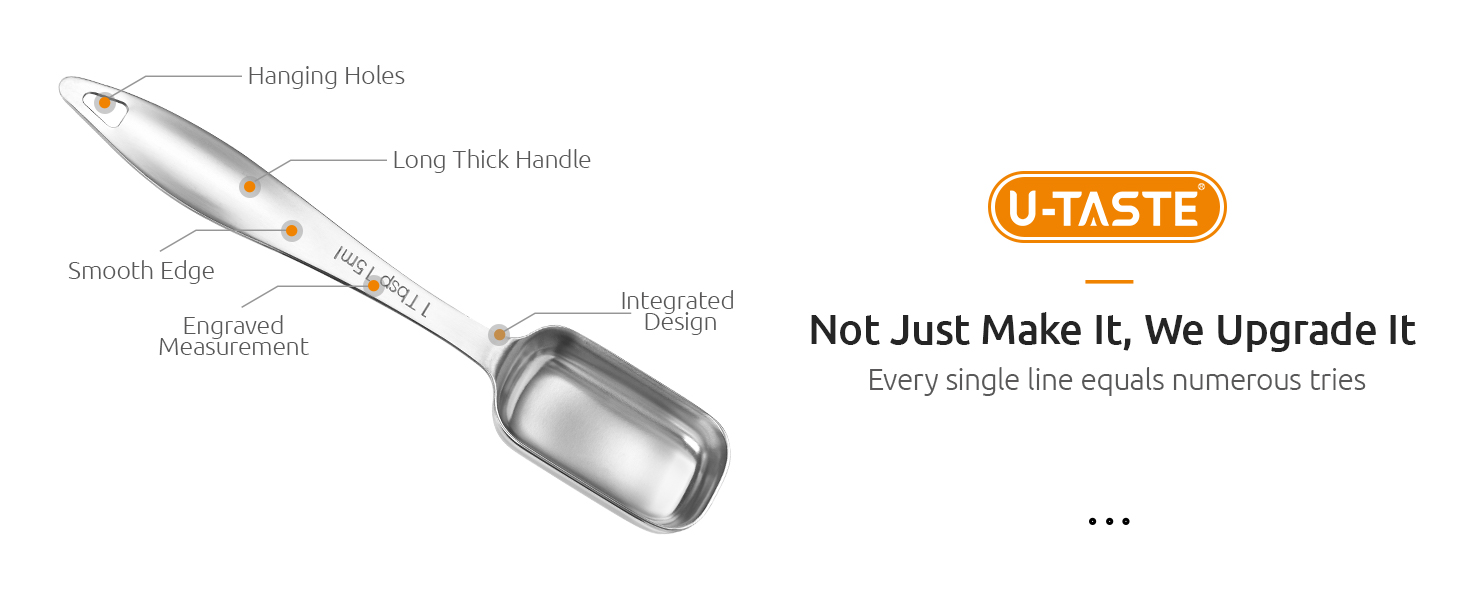 U-Taste Narrow Square Measuring Spoons: 18/8 Stainless Steel Kitchen Measure Teaspoon Tablespoon with Leveler, Polygon Rectangular Metal Jar Scoop for Baking Cooking, Coffee, Spice, Powder (Set of 7)