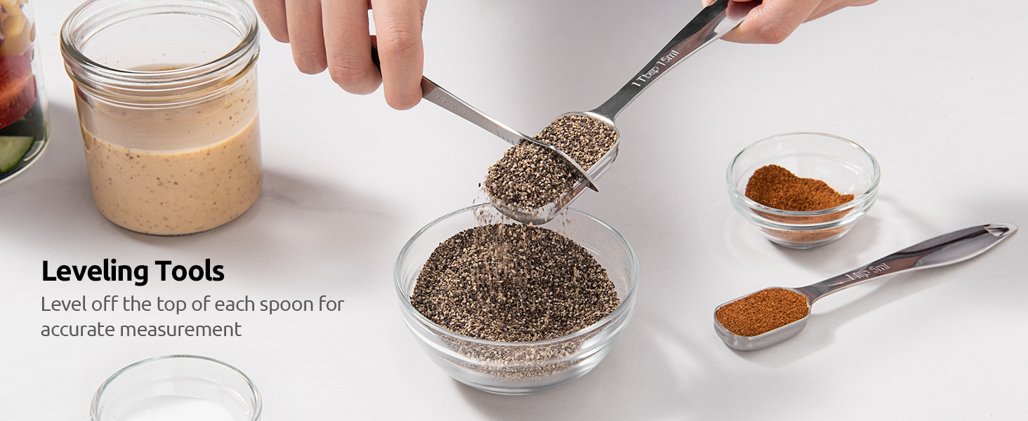 U-Taste Narrow Square Measuring Spoons: 18/8 Stainless Steel Kitchen Measure Teaspoon Tablespoon with Leveler, Polygon Rectangular Metal Jar Scoop for Baking Cooking, Coffee, Spice, Powder (Set of 7)