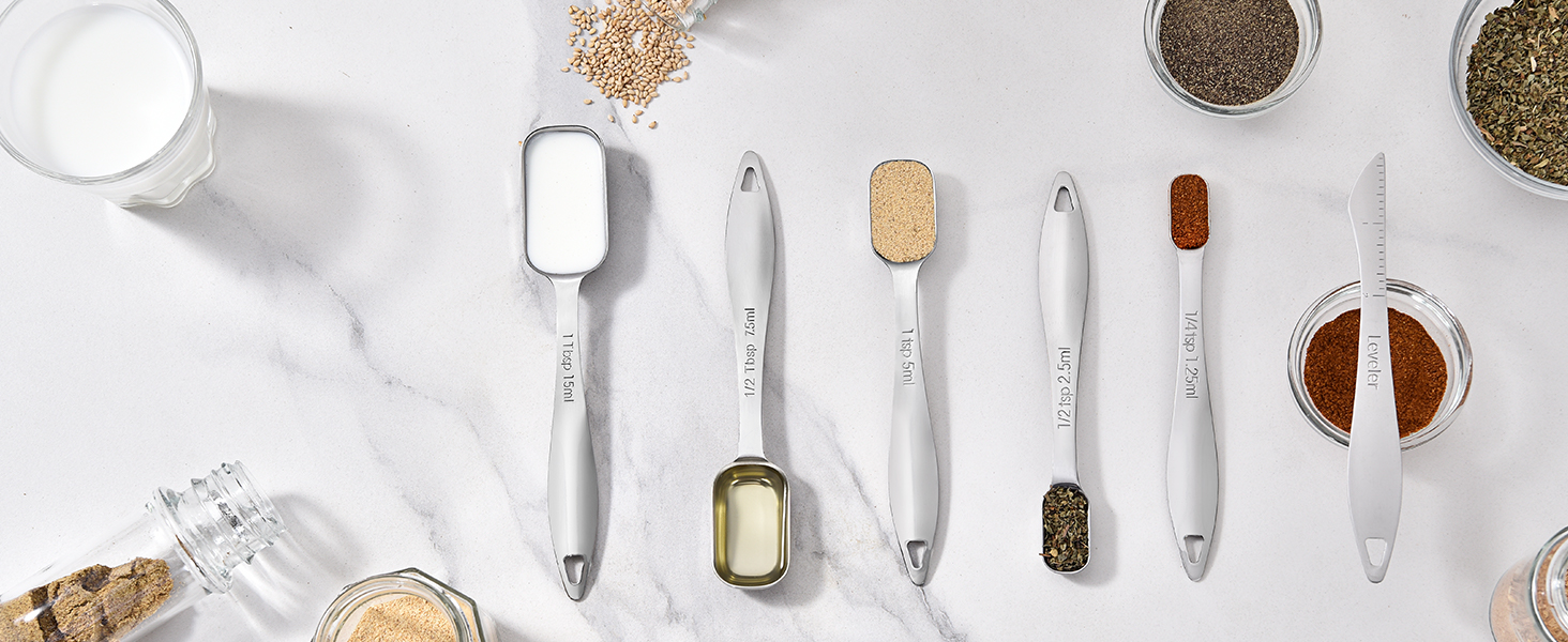 U-Taste Narrow Square Measuring Spoons: 18/8 Stainless Steel Kitchen Measure Teaspoon Tablespoon with Leveler, Polygon Rectangular Metal Jar Scoop for Baking Cooking, Coffee, Spice, Powder (Set of 6)