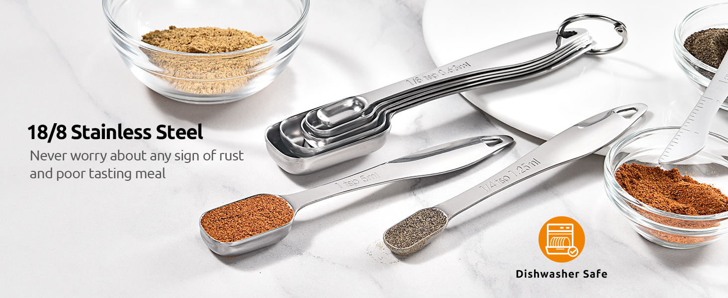 U-Taste Narrow Square Measuring Spoons: 18/8 Stainless Steel Kitchen Measure Teaspoon Tablespoon with Leveler, Polygon Rectangular Metal Jar Scoop for Baking Cooking, Coffee, Spice, Powder (Set of 6)