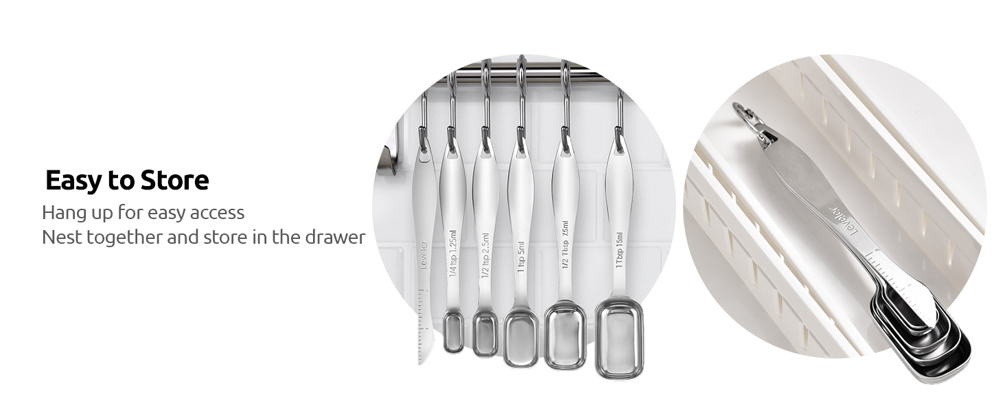 U-Taste Narrow Square Measuring Spoons: 18/8 Stainless Steel Kitchen Measure Teaspoon Tablespoon with Leveler, Polygon Rectangular Metal Jar Scoop for Baking Cooking, Coffee, Spice, Powder (Set of 6)