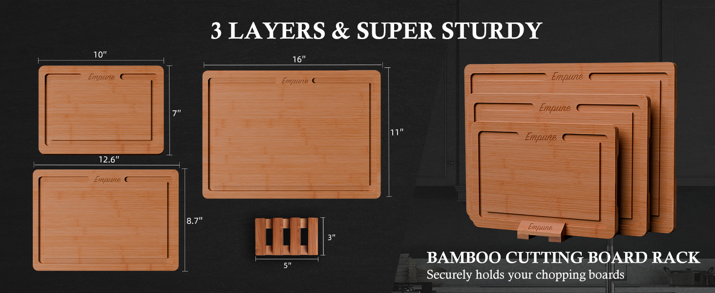 Empune Bamboo Cutting Board Set, Wood Cutting Boards for Kitchen with Holder Wooden Chopping Board for Meal Prep & Serving, Brown