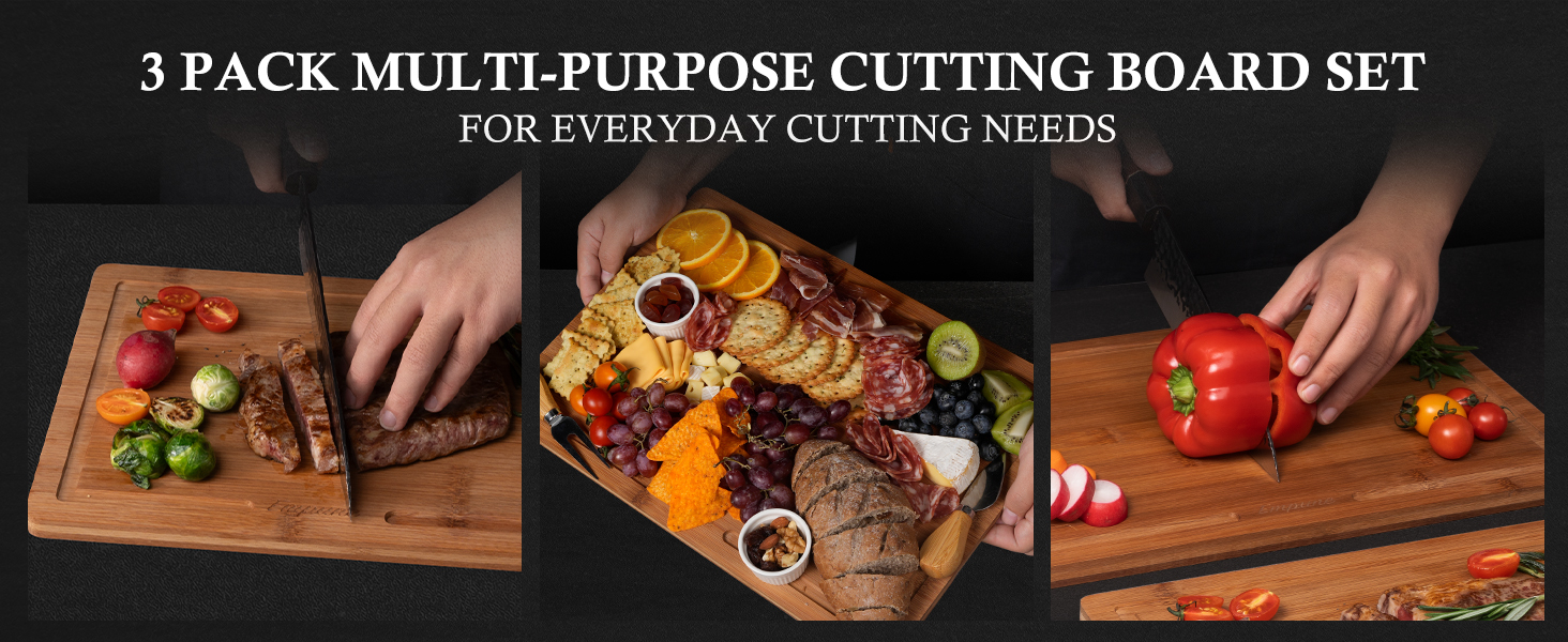 Empune Bamboo Cutting Board Set, Wood Cutting Boards for Kitchen with Holder Wooden Chopping Board for Meal Prep & Serving, Brown