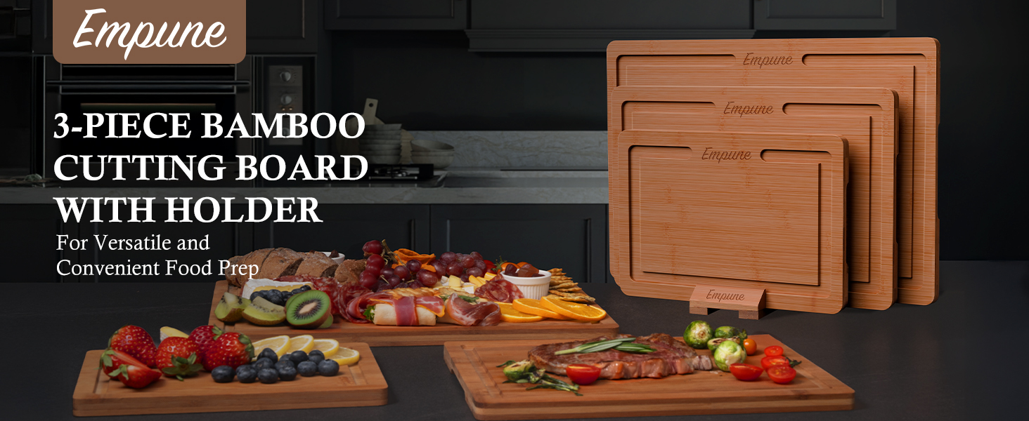 Empune Bamboo Cutting Board Set, Wood Cutting Boards for Kitchen with Holder Wooden Chopping Board for Meal Prep & Serving, Brown