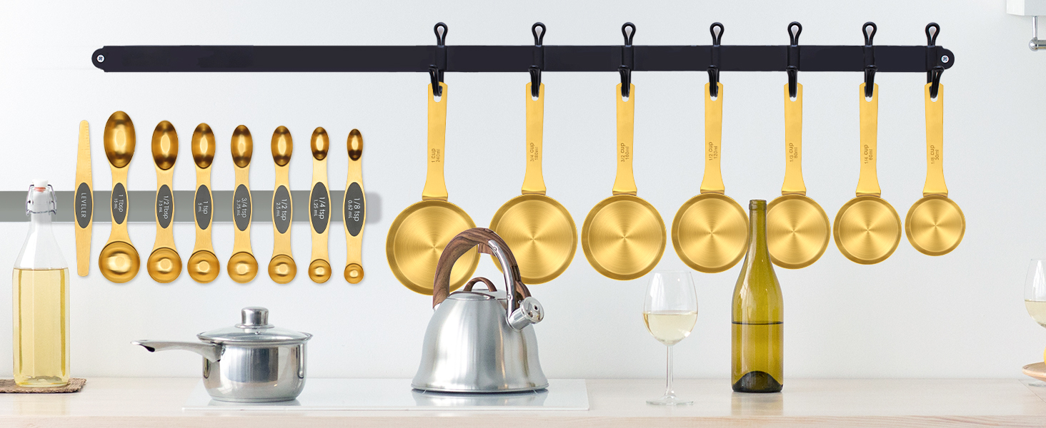 GuDoQi 15pcs Gold Magnetic Measuring Spoons and Cups Set, Stainless Steel 8 Dual Sided Magnetic Measuring Spoons set with Leveler, 7 Cups, Measurement for Liquid and Dry Ingredients for Kitchen