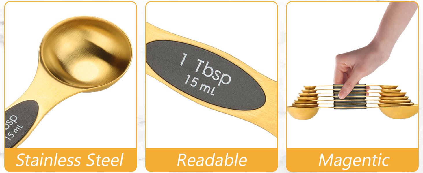 GuDoQi 15pcs Gold Magnetic Measuring Spoons and Cups Set, Stainless Steel 8 Dual Sided Magnetic Measuring Spoons set with Leveler, 7 Cups, Measurement for Liquid and Dry Ingredients for Kitchen