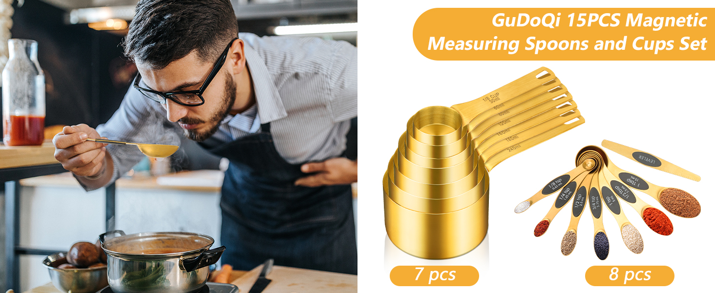 GuDoQi 15pcs Gold Magnetic Measuring Spoons and Cups Set, Stainless Steel 8 Dual Sided Magnetic Measuring Spoons set with Leveler, 7 Cups, Measurement for Liquid and Dry Ingredients for Kitchen