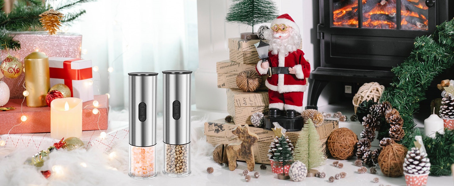 Salt and Pepper Grinder Set, Electric Salt Pepper Shakers with Adjustable Coarseness, Automatic Salt Mill Grinder, Rechargeable Salt Grinder Refillable, One-Hand Operation with LED Light (2)
