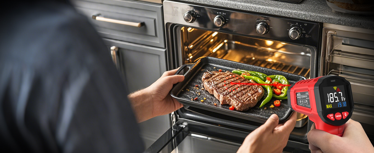 Infrared Thermometer Gun,SQECH Laser Thermometer Gun -58℉~1112℉(-50℃~600℃),Non-Contact Temperature Gun with Adjustable Emissivity&Color Backlight for Cooking, Pizza Oven,BBQ,Fridge,Engine,HVAC(Red)