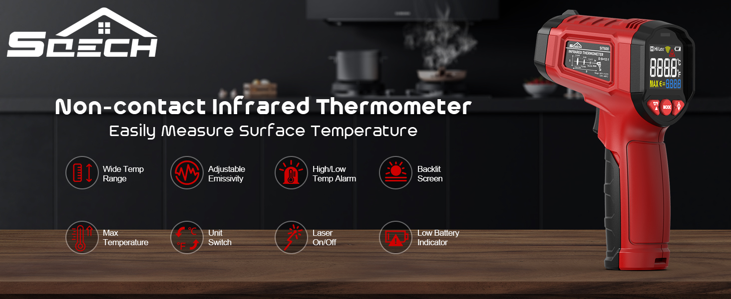 Infrared Thermometer Gun,SQECH Laser Thermometer Gun -58℉~1112℉(-50℃~600℃),Non-Contact Temperature Gun with Adjustable Emissivity&Color Backlight for Cooking, Pizza Oven,BBQ,Fridge,Engine,HVAC(Red)