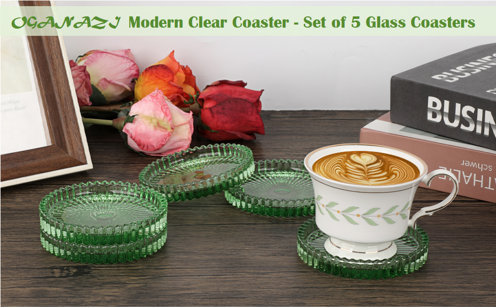 Modern Clear Green Glass Coasters Set of 5 - Round Crystal Coasters for Drinks, Coffee Table Decor