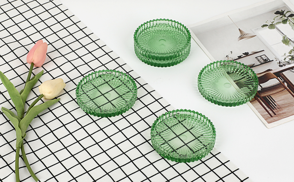 Modern Clear Green Glass Coasters Set of 5 - Round Crystal Coasters for Drinks, Coffee Table Decor