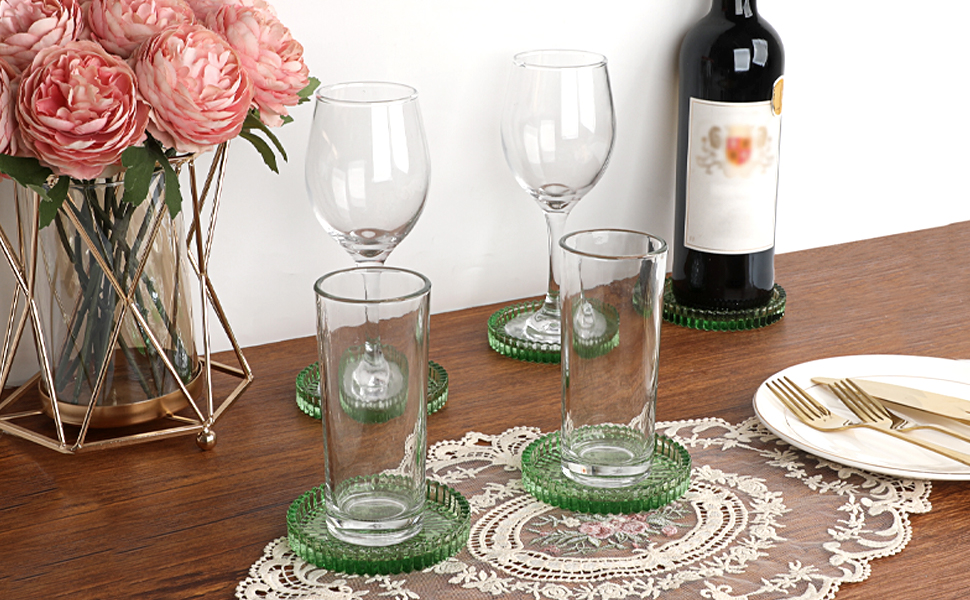 Modern Clear Green Glass Coasters Set of 5 - Round Crystal Coasters for Drinks, Coffee Table Decor