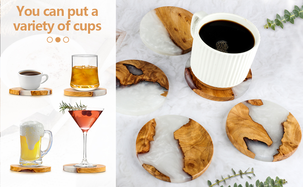 Drink Coaster Set, Wooden Absorbent Coasters, Epoxy Resin Coaster for Coffee Table, Tabletop Protection Decor, Set of 5 with Holder