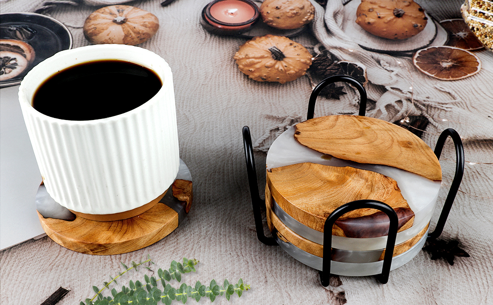 Drink Coaster Set, Wooden Absorbent Coasters, Epoxy Resin Coaster for Coffee Table, Tabletop Protection Decor, Set of 5 with Holder