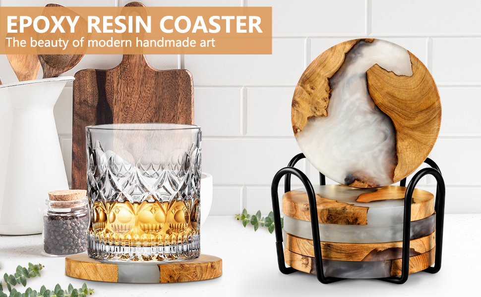 Drink Coaster Set, Wooden Absorbent Coasters, Epoxy Resin Coaster for Coffee Table, Tabletop Protection Decor, Set of 5 with Holder